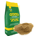 Green and yellow bag of Dalis Impex natural animal feed with pile of ground feed powder