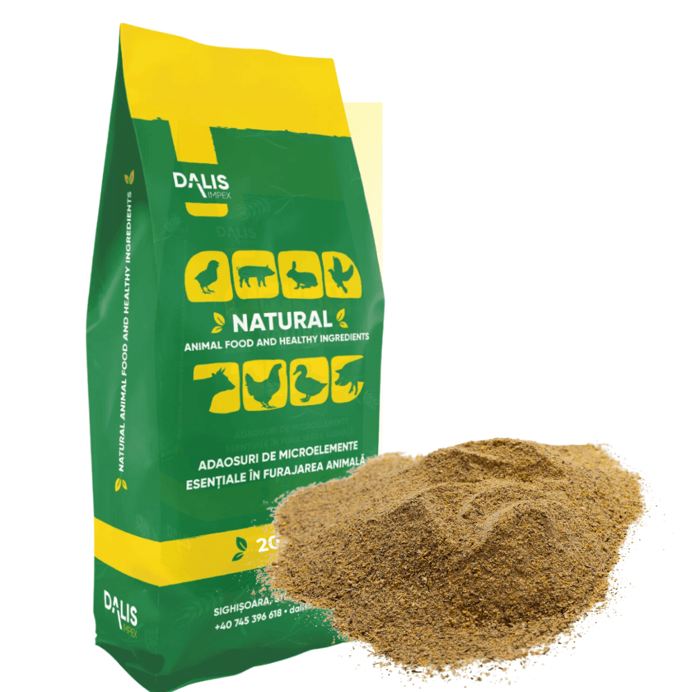 Green and yellow bag of Dalis Impex natural animal feed with pile of ground feed powder