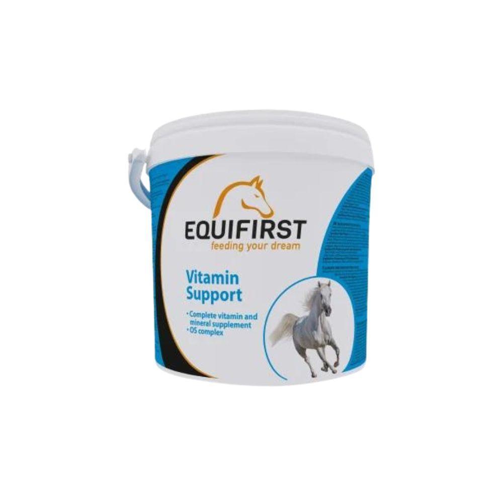 Equifirst Vitamin Support supplement bucket for horses with a running white horse image