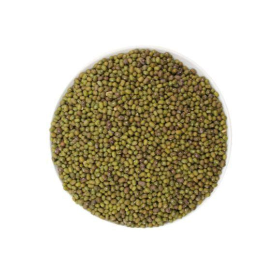 Close-up of green mung beans in a white circular dish on a white background