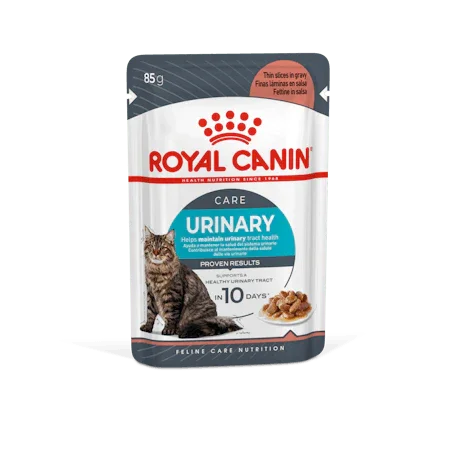 Royal Canin Urinary Care cat food pouch 85g with tabby cat and wet food image