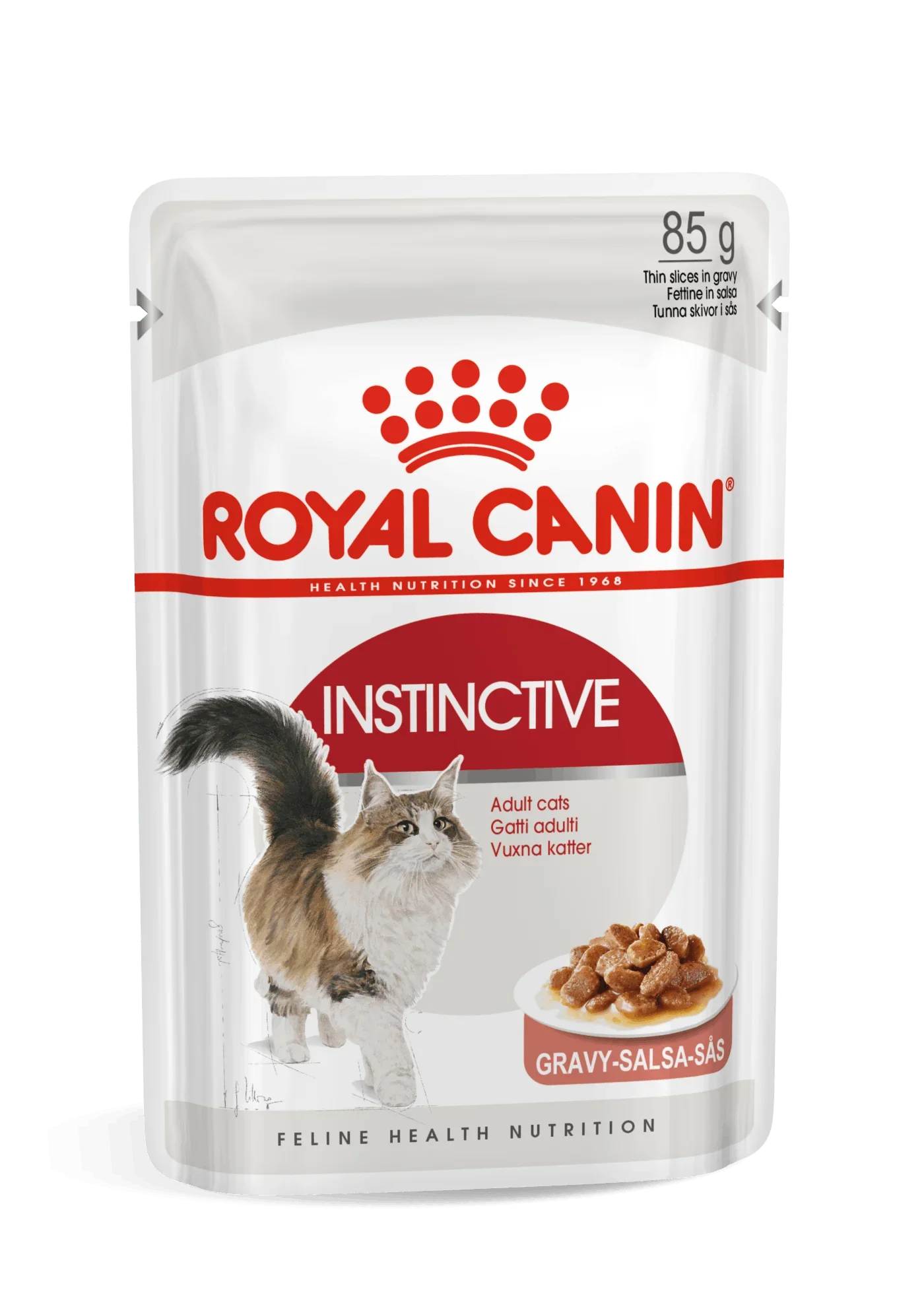 Royal Canin Instinctive adult cat food pouch 85g with gravy slices, feline health nutrition