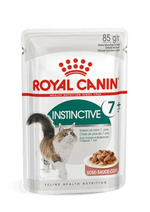 Royal Canin Instinctive 7+ wet cat food pouch with image of a cat and sauce-covered kibble