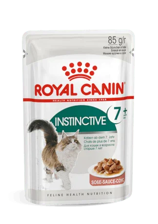 Royal Canin Instinctive 7+ wet cat food pouch with image of a cat and sauce-covered kibble