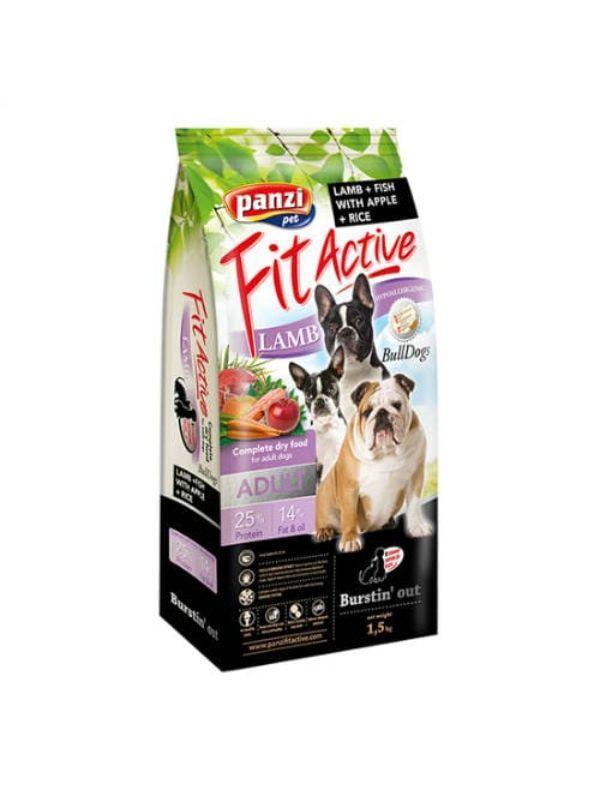 Panzi Fit Active adult dog food bag with lamb, fish, apple, and rice for Bulldogs