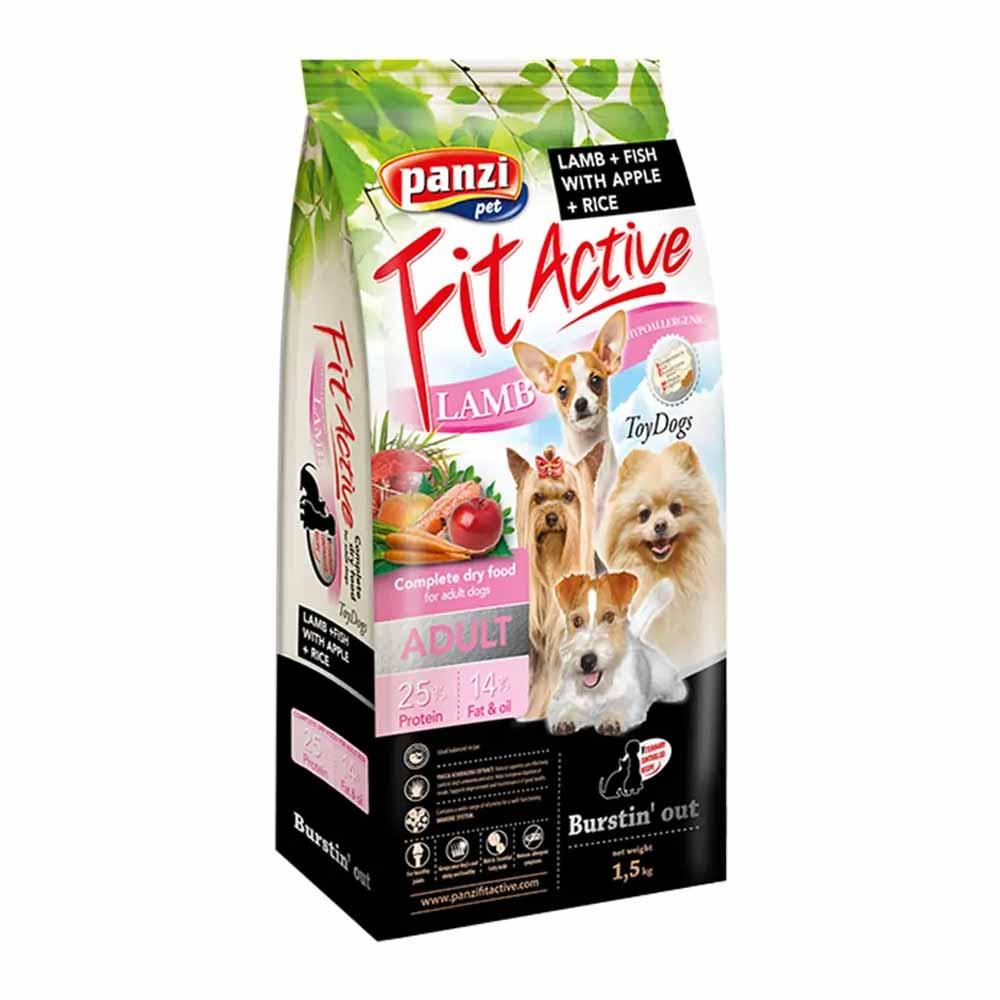 Panzi Pet Fit Active dry dog food for adult toy dogs with lamb, fish, apple, and rice in 1.5 kg bag