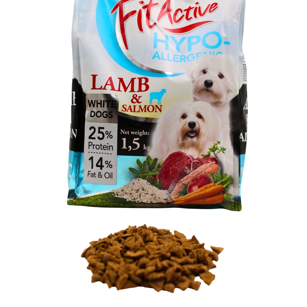 FitActive WhiteDogs 1,5 kg – hrană pentru câini cu blană albă miel si somon
 