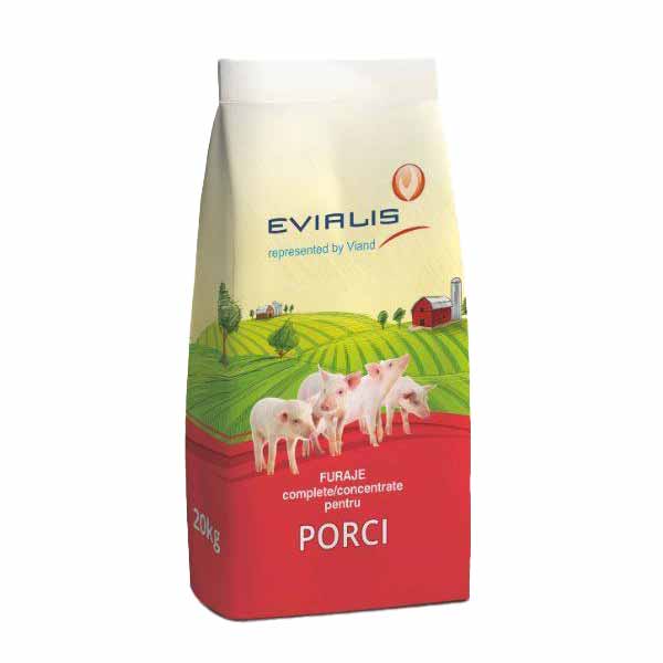 20kg bag of Evialis complete pig feed with farm illustration and piglets on red and cream packaging