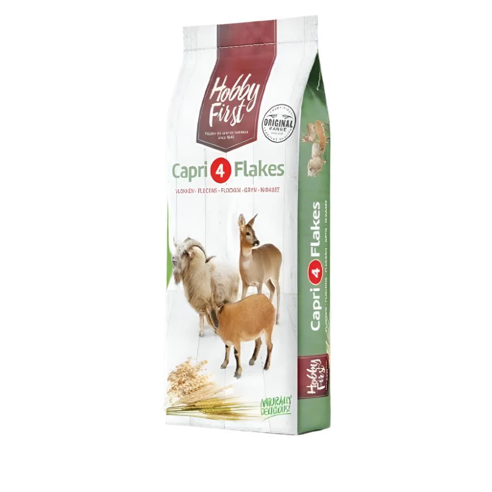 Hobby First Capri 4 Flakes 15kg goat feed bag with images of goats and grains