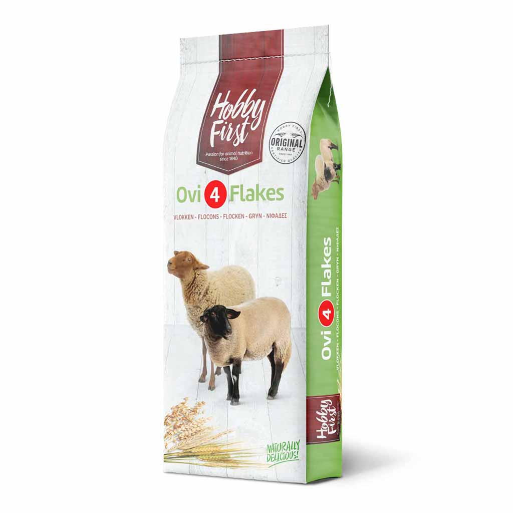Hobby First Ovi 4 Flakes sheep feed bag with two sheep and grain stalks, natural animal nutrition