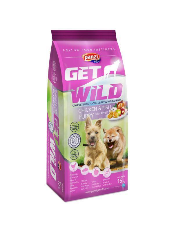 Panzi Get Wild chicken and fish puppy dog food with apple in 15kg colorful packaging featuring playful puppies