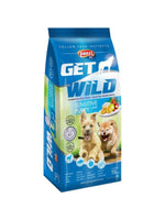 Blue bag of Panzi Get Wild Sensitive Puppy Lamb dog food with puppy image, lamb, and nutritional icons