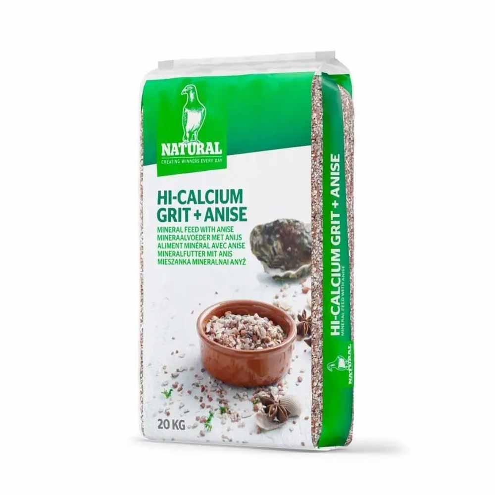 20 kg bag of Natural Hi-Calcium Grit + Anise mineral feed for birds with visible illustration of grit and anise