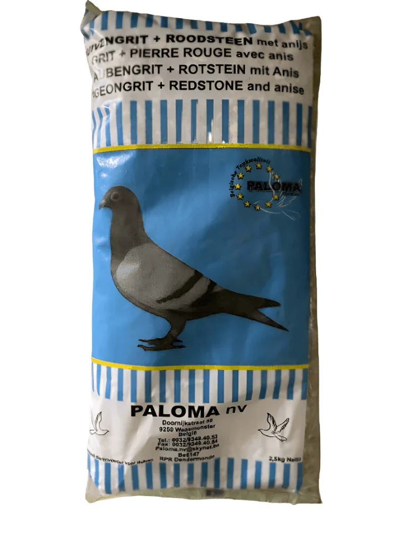 Paloma brand pigeon grit and redstone with anise in 2.5 kg bag featuring pigeon image on blue and white packaging