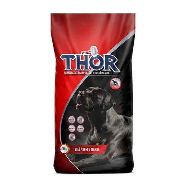 THOR branded 10kg bag of adult dry dog food with beef flavor, featuring a black dog on red and black packaging