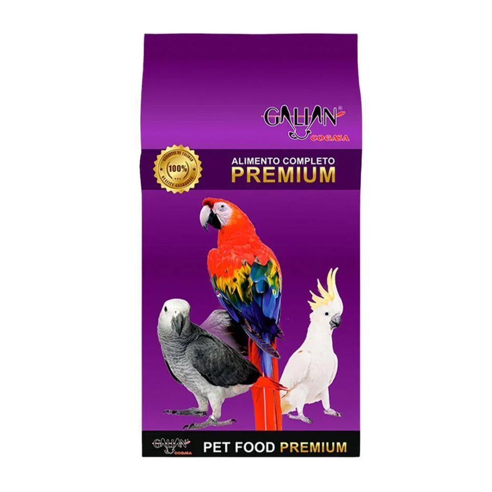 Purple bag of Galian premium pet food for parrots featuring scarlet macaw, African grey, and cockatoo images