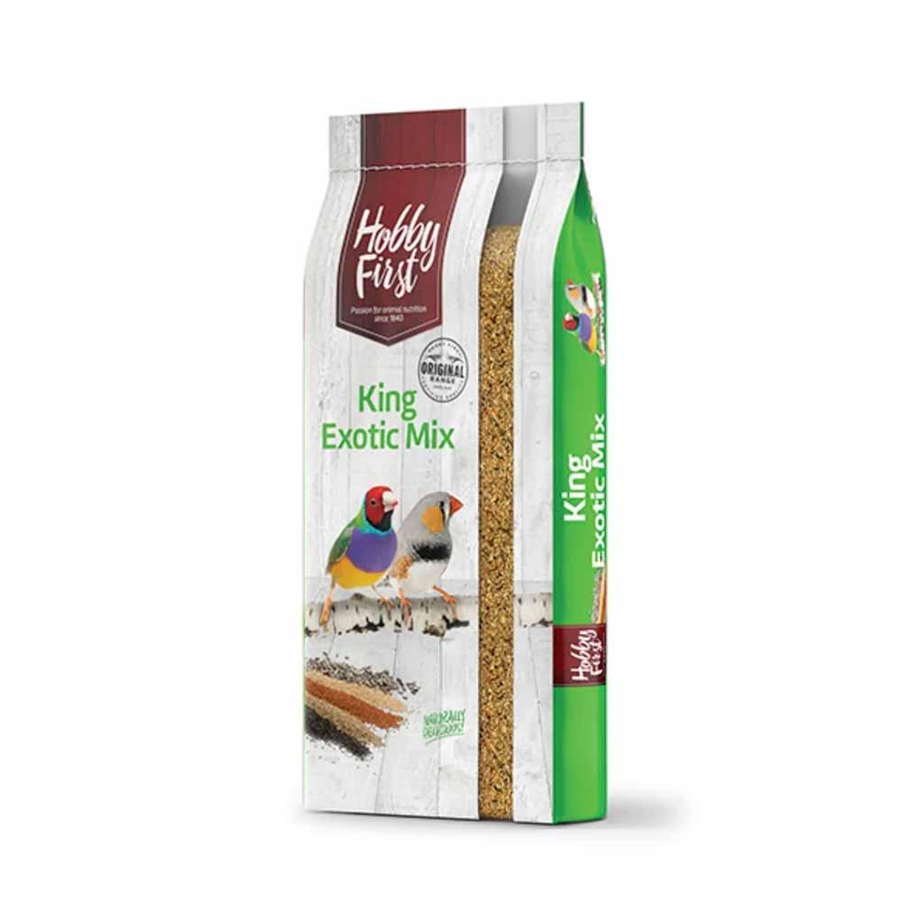 Hobby First King Exotic Mix birdseed pack with colorful finch images and natural bird food mix