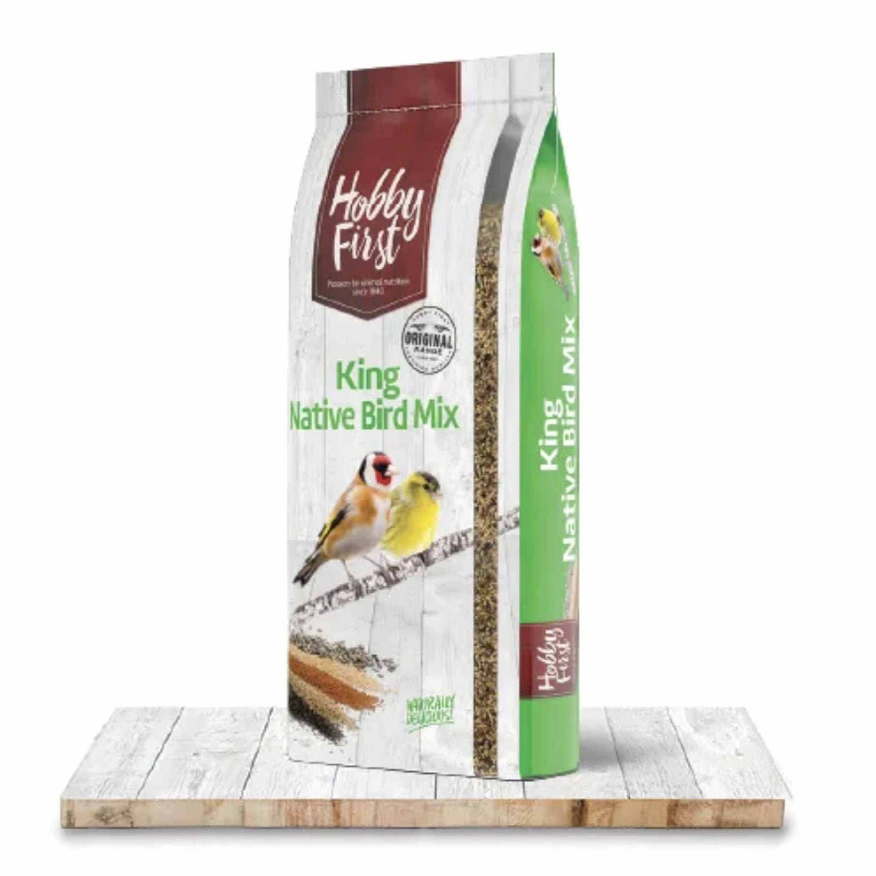 Hobby First King Native Bird Mix package with colorful bird illustrations on white wooden surface