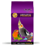 Purple Galian pet food bag featuring cockatiel, lovebird, budgie, and finch illustrations