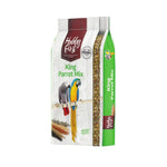 Hobby First King Parrot Mix bird food package with images of grey and blue-yellow parrots and seeds