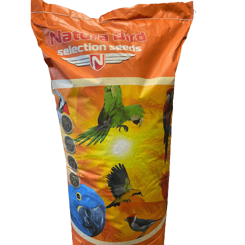 Natura Bird orange 15 kg bag of selection seeds for large parrots with colorful parrot images