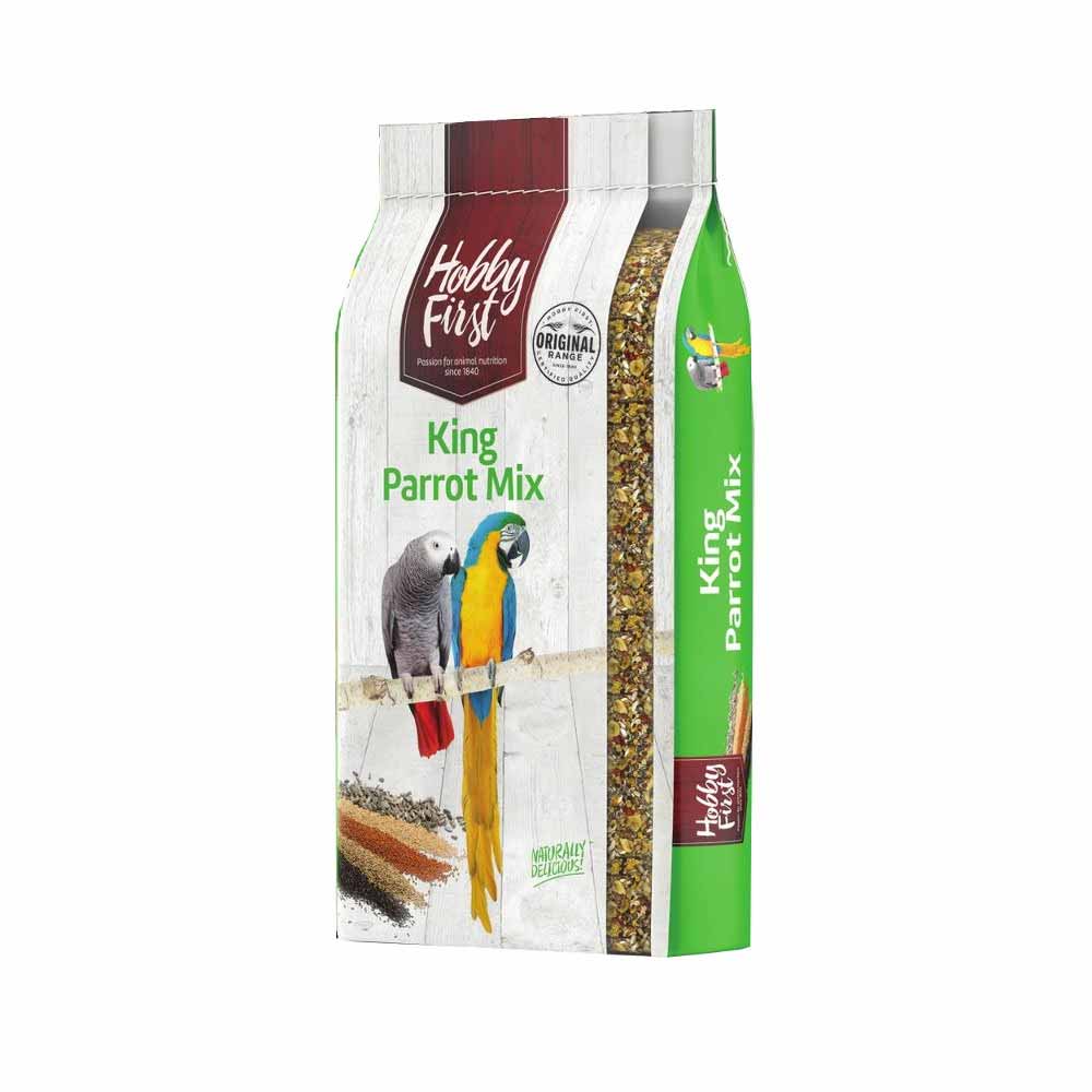 Hobby First King Parrot Mix bird food bag with colorful parrot and seed mix