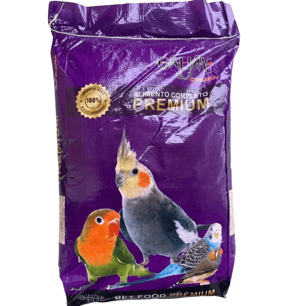 Galian premium complete pet food bag for parrots with colorful bird illustrations on purple packaging