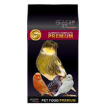Galian Cogasa premium complete pet food bag with colorful pet birds on dark background