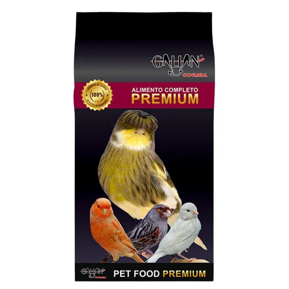Galian Cogasa premium complete pet food bag with colorful pet birds on dark background