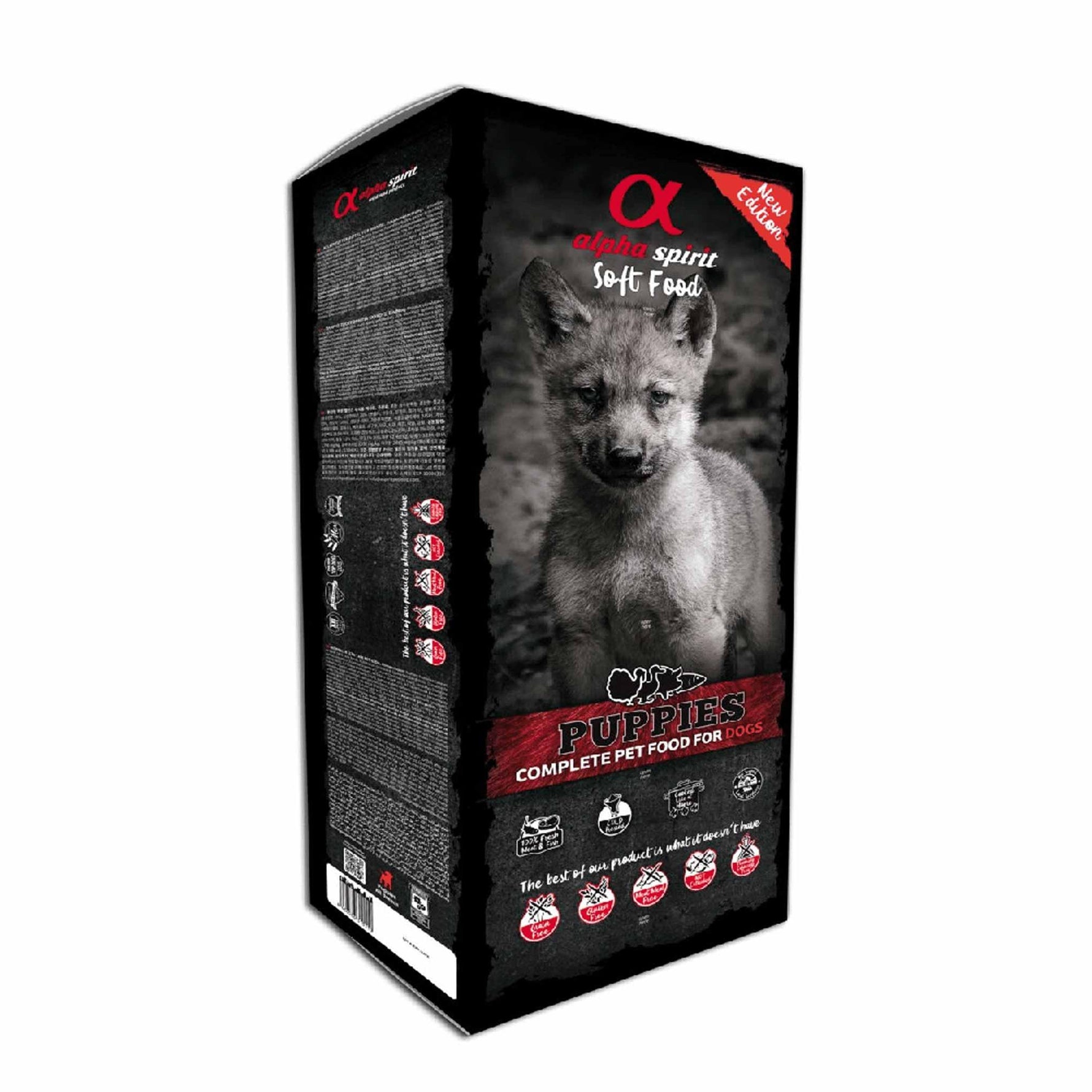 Alpha Spirit Soft Food puppy dog food packaging with puppy image and product details