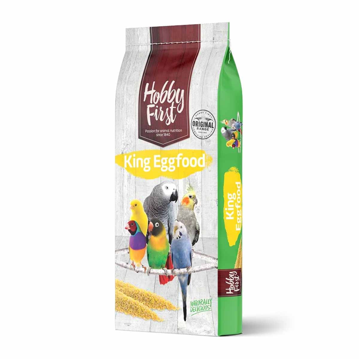 Hobby First King Eggfood bird food packaging featuring colorful pet birds and natural ingredients