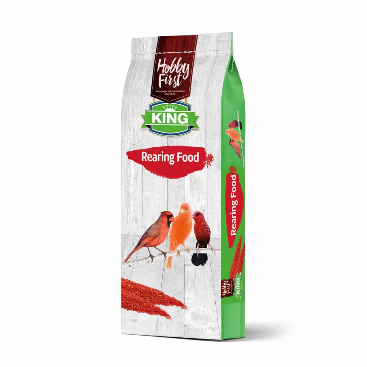 Hobby First King rearing food bird seed bag with red, orange, and red-spotted birds on white wood background