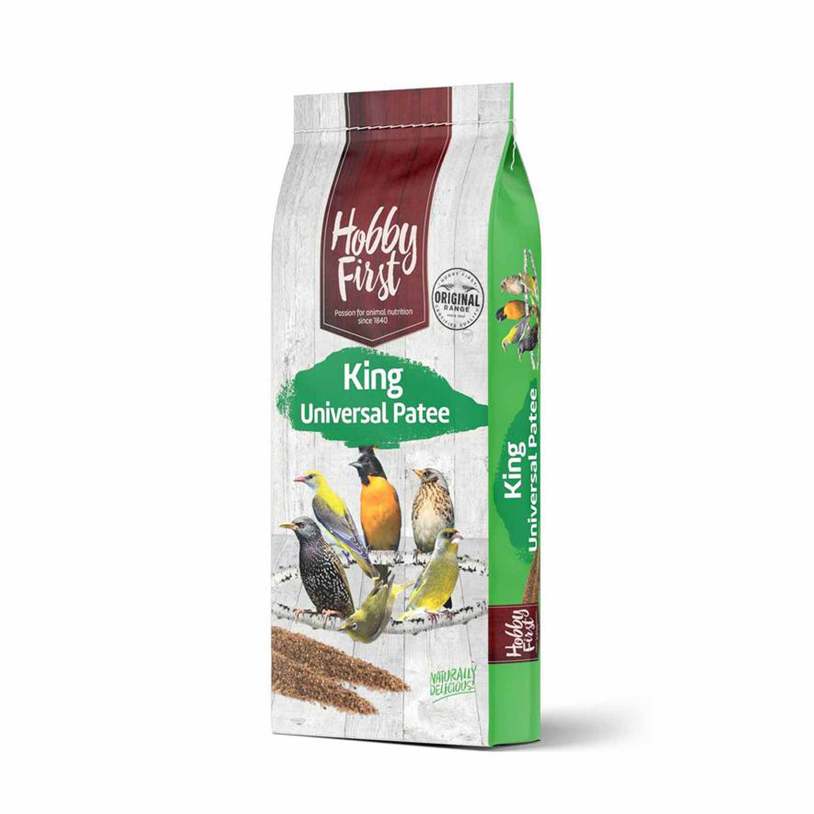 Hobby First King Universal Patee bird food packaging with six colorful birds on white background