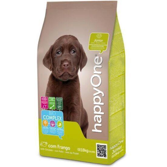 happyOne Junior dog food 18kg bag with chocolate Labrador puppy and chicken flavor