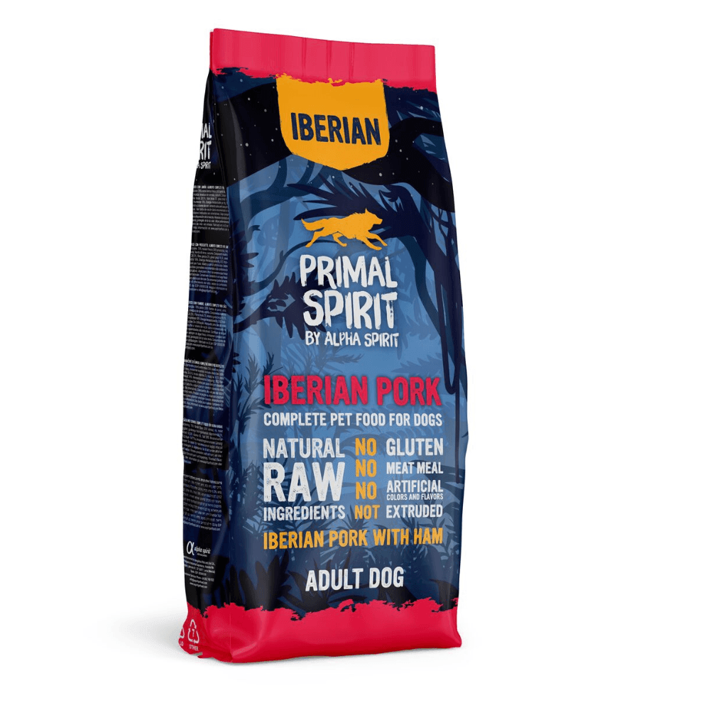 Primal Spirit Iberian Pork raw dog food bag with natural, gluten-free ingredients for adult dogs