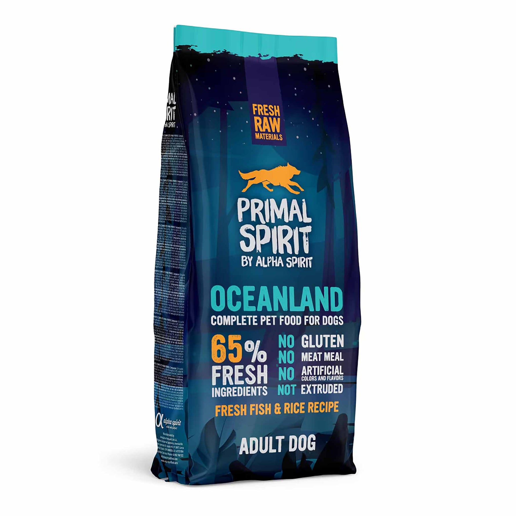 Primal Spirit Oceanland adult dog food bag, 65% fresh fish and rice recipe, gluten-free