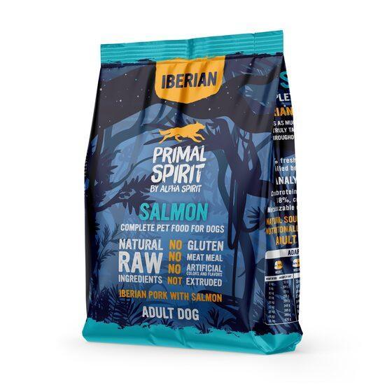 Iberian Primal Spirit Salmon dog food bag with natural raw ingredients for adult dogs