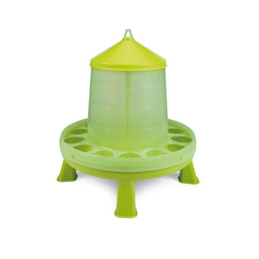 Green plastic bird feeder with pedestal base and conical top, designed for 12 kg feed