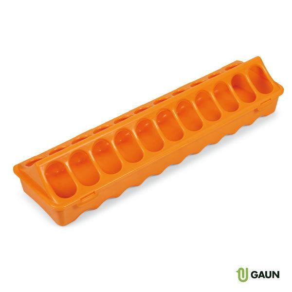 Orange plastic chicken feeder with multiple feeding troughs for poultry