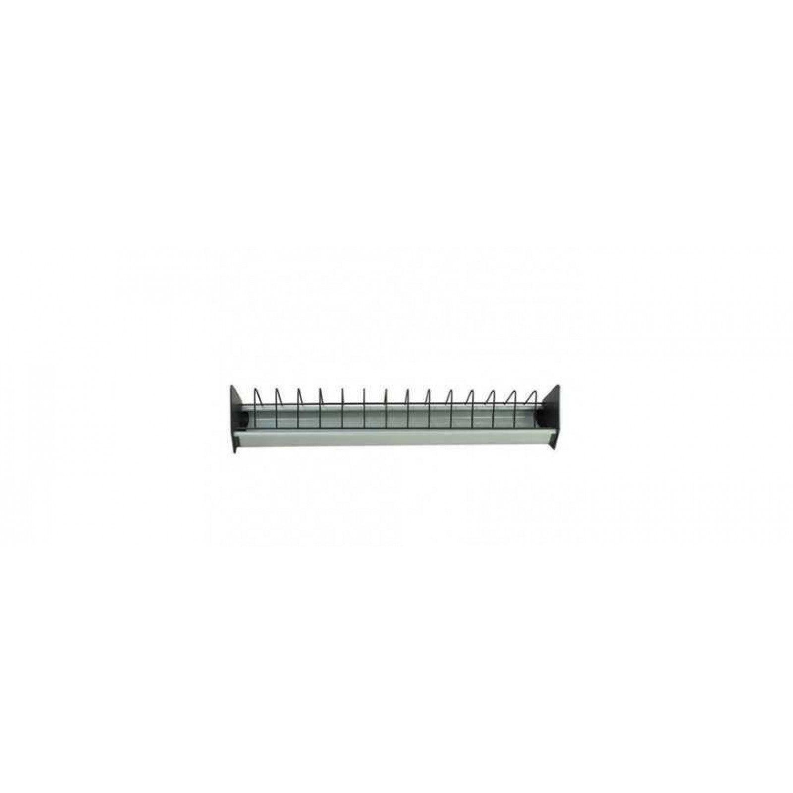 120 cm long plastic pigeon feeder with metal grid and side supports on white background