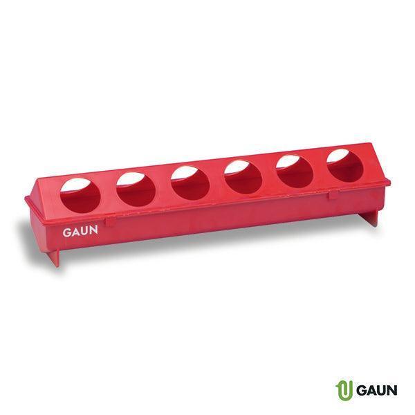 Red plastic chicken feeder with six circular openings and GAUN branding on white background