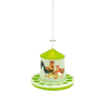 Green and white hanging chicken feeder with rooster and hen illustration for poultry