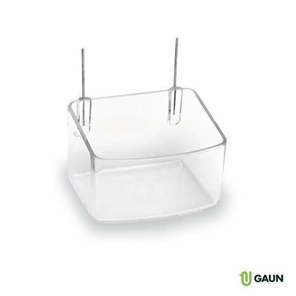 Transparent plastic feeder with metal hook hangers for birds or small animals