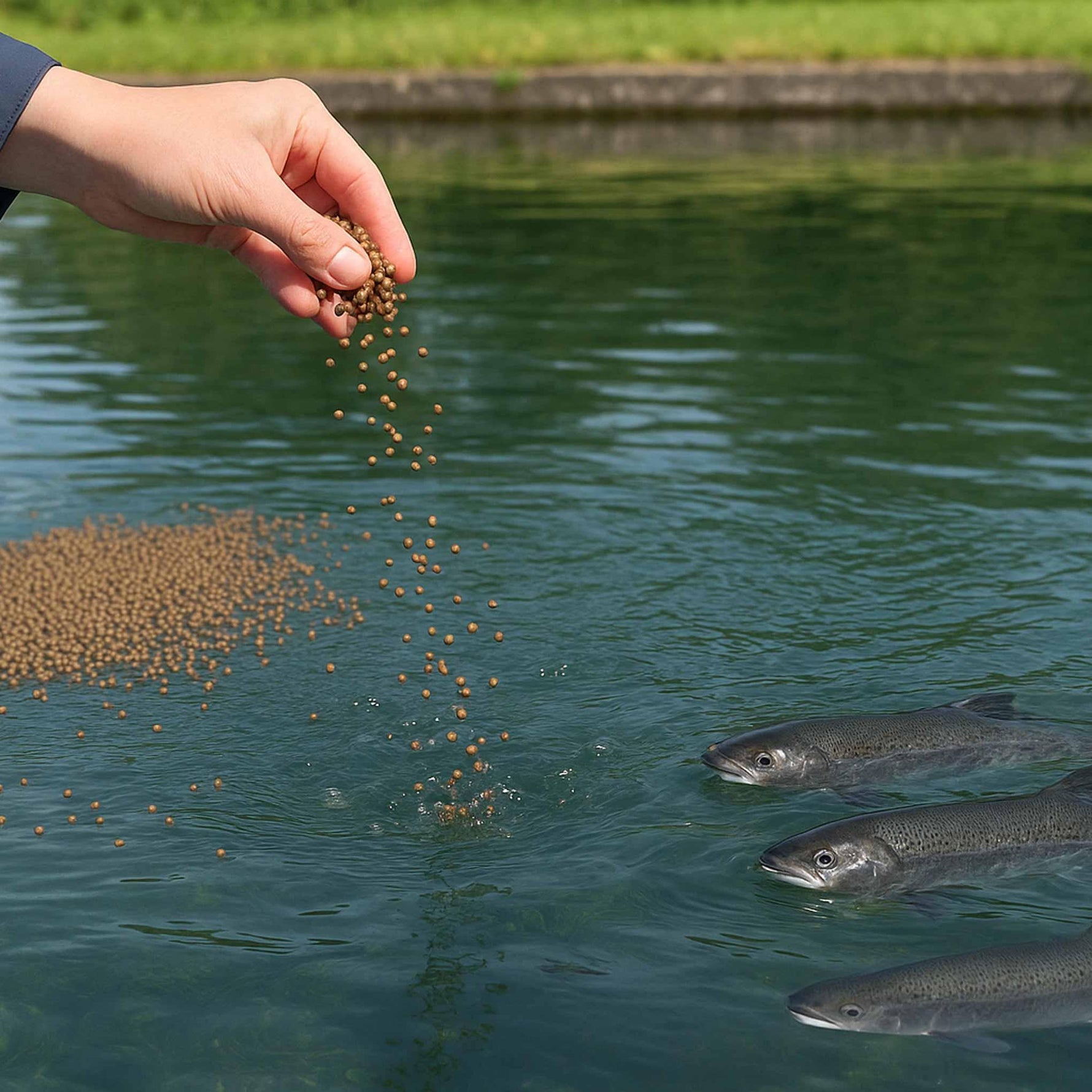 Hand feeding pellet fish food to three fish in a clear outdoor pond with greenery background