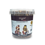 Transparent container of dried insects bird food labeled Acualian Insectos for pet birds