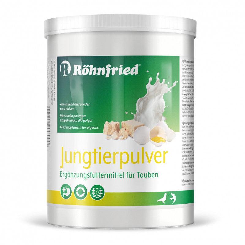 Röhnfried Jungtierpulver feed supplement for pigeons in a white container with green label showing milk splash, eggs, and yeast