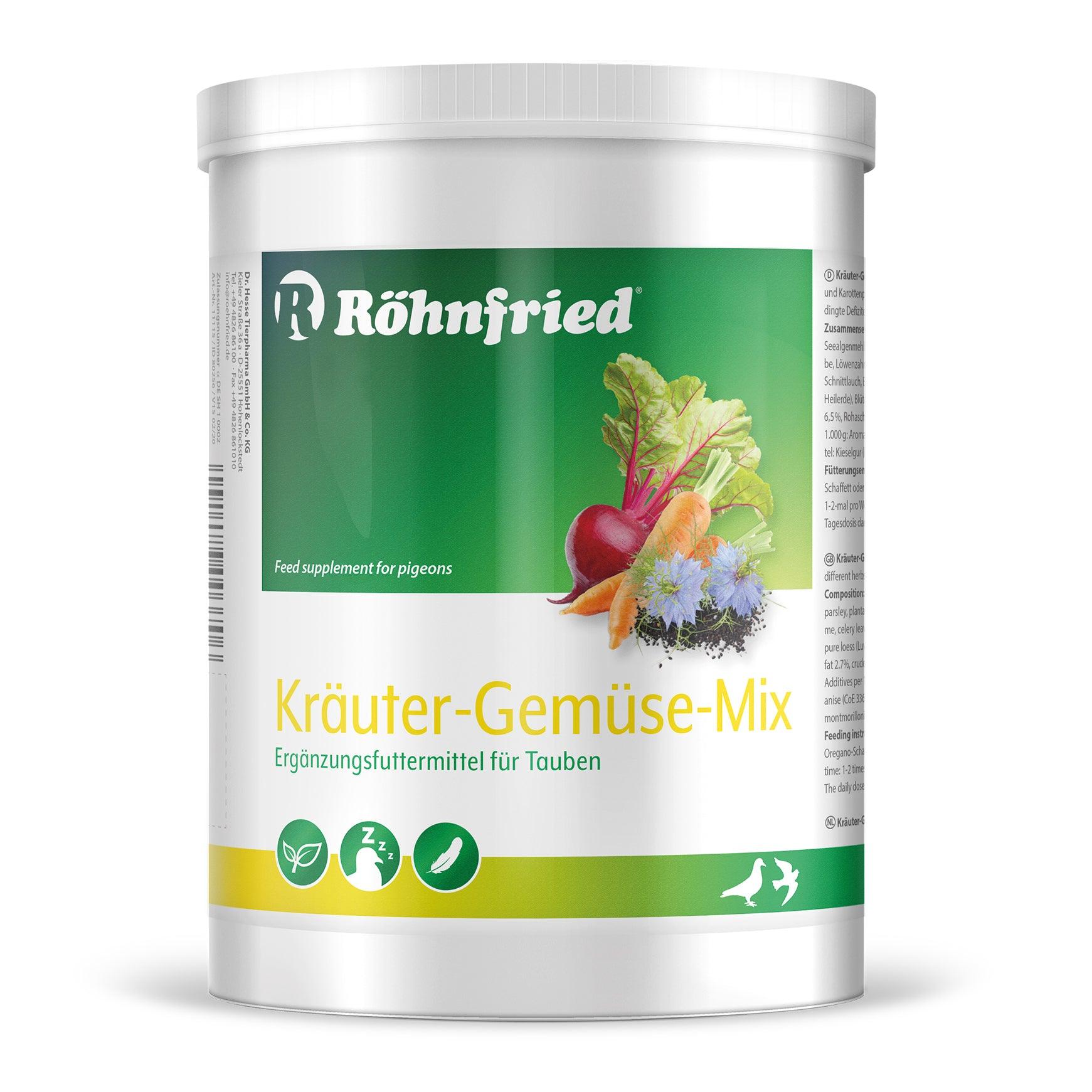 Röhnfried Kräuter-Gemüse-Mix feed supplement for pigeons with vegetable and herb images on label