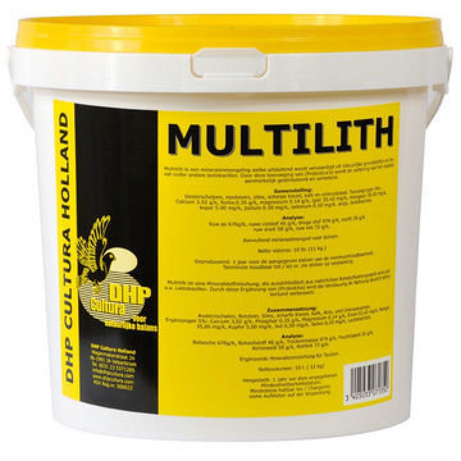 White bucket of DHP Cultura Holland Multilith animal feed supplement with yellow and black label