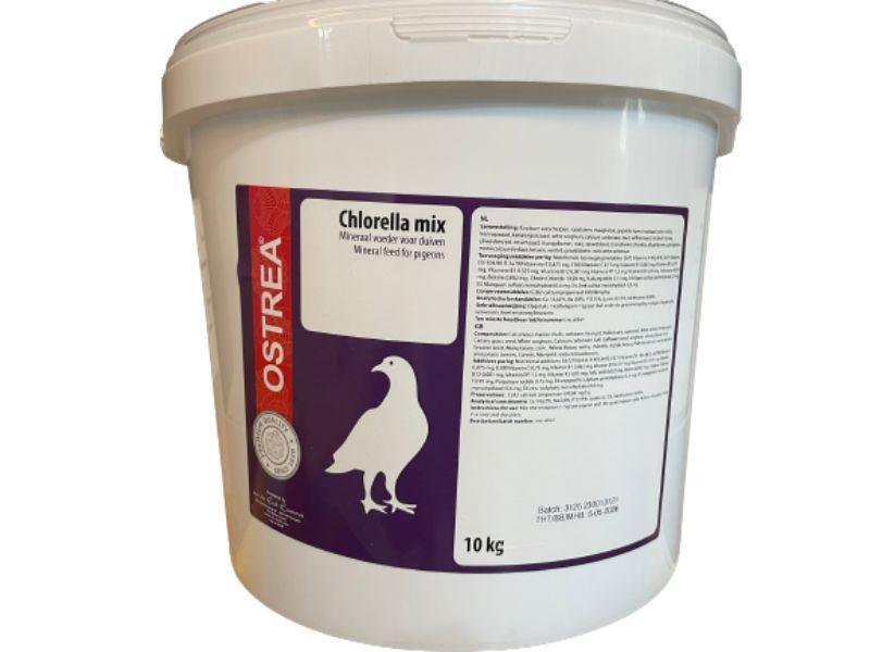 10 kg white bucket of Ostrea Chlorella mix mineral feed for pigeons with purple and red label