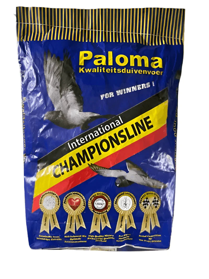 Paloma International Championsline blue and yellow pigeon feed bag with flying pigeons and award ribbons